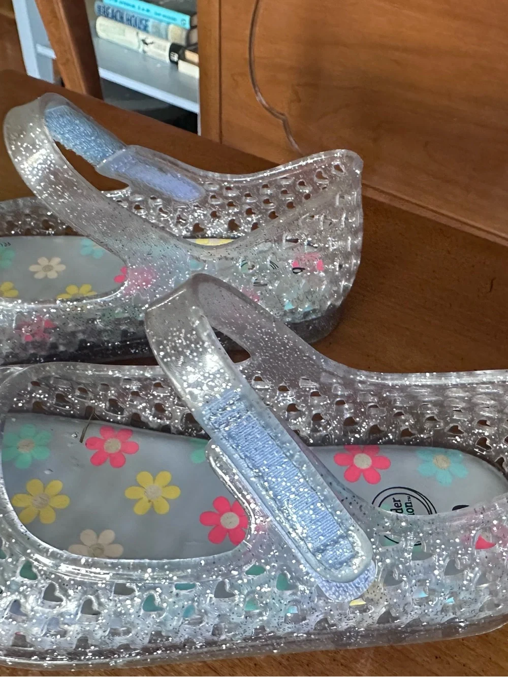 Kids Glitter Jelly Mary Jane Shoes - Blue Clear with Multi-Color Flowers